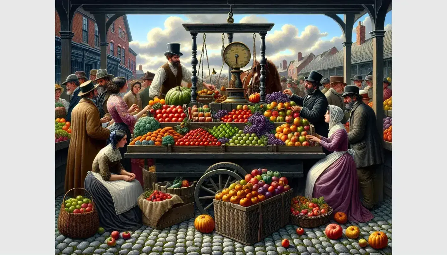Mercato all'aperto ottocentesco con banco frutta e verdura colorato, venditore, persone in abiti d'epoca e carro con cavallo.