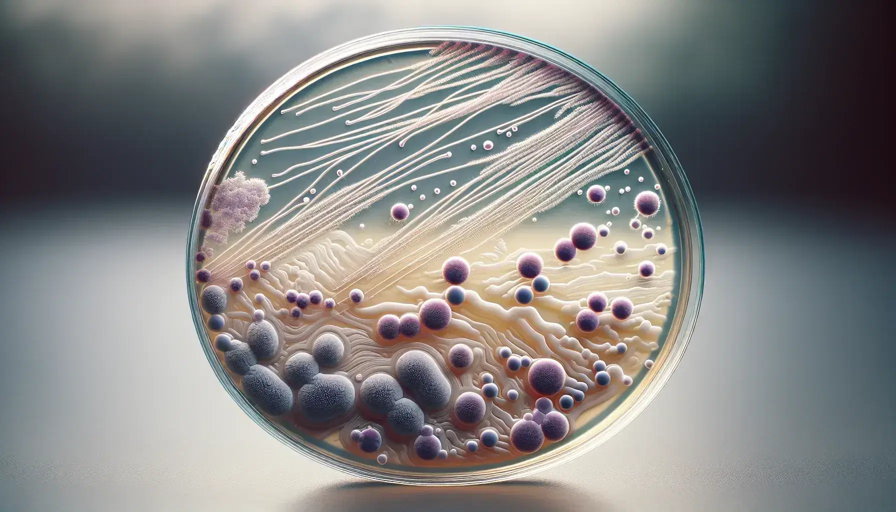 Primer plano de colonia bacteriana en placa de Petri con agar, mostrando manchas irregulares teñidas por el método Gram y estructuras filamentosas que sugieren flagelos o pili.