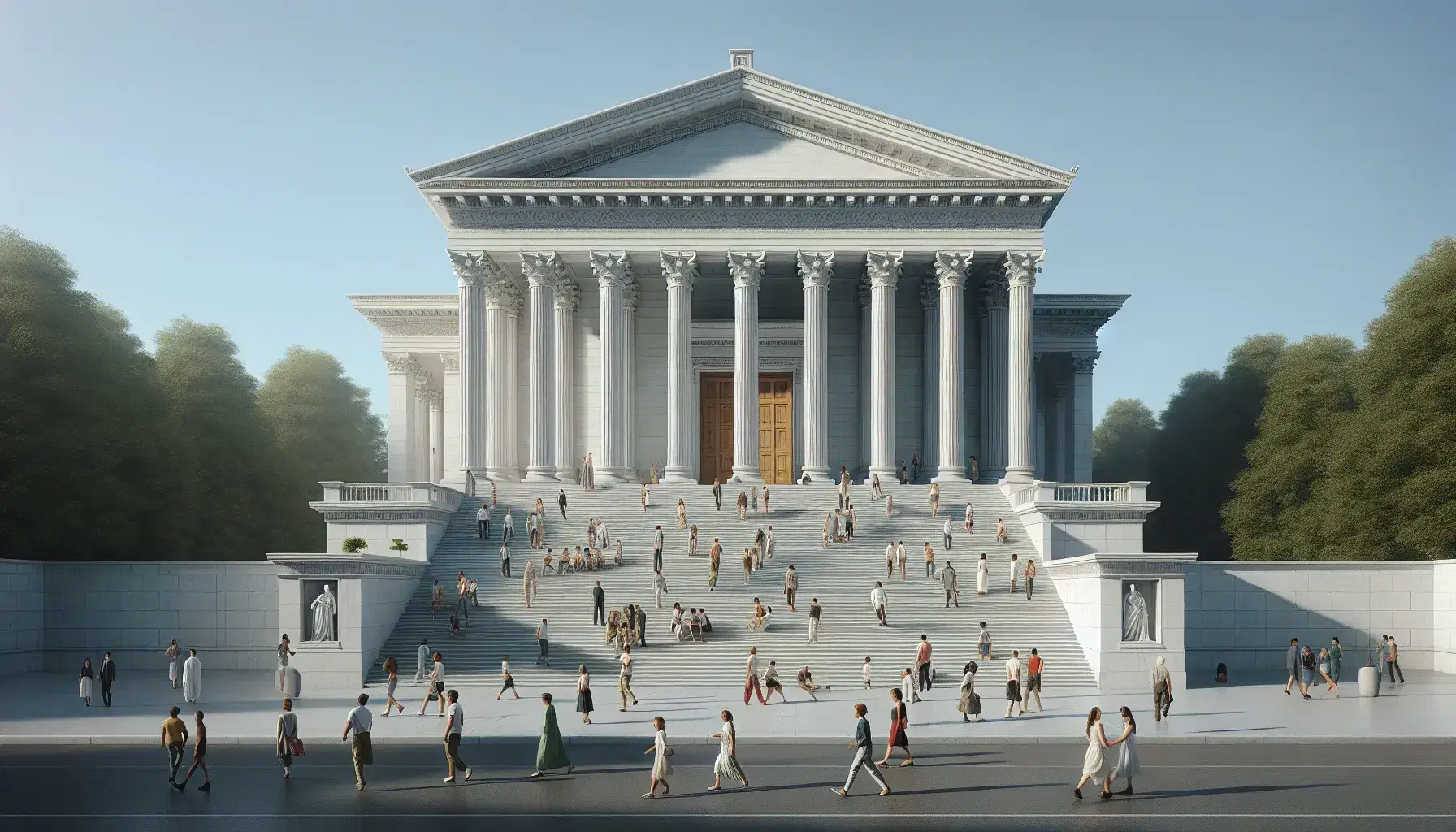 Edificio neoclásico con escalinata frontal, columnas corintias y pedimento triangular, personas caminando en un día soleado sin símbolos visibles.