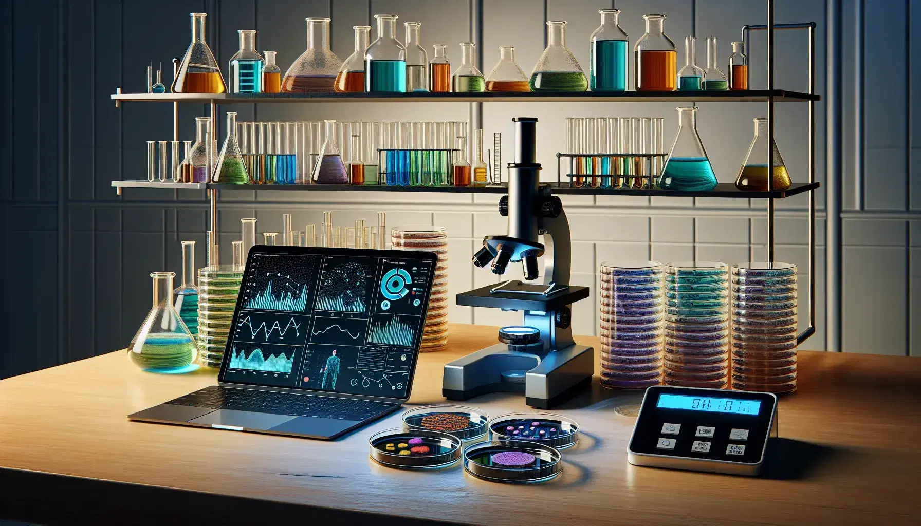 Biostatistics laboratory with laptop open on graphs, Petri dishes with bacterial colonies, microscope, digital scale and bottles on shelves.