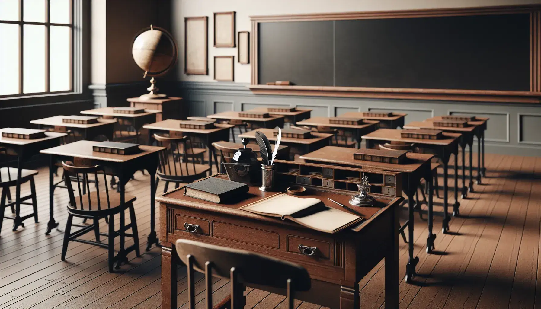 Early 20th century period classroom with teacher's desk, wooden desks in a row, empty blackboard, inkwell and quill, earth globe and natural light.