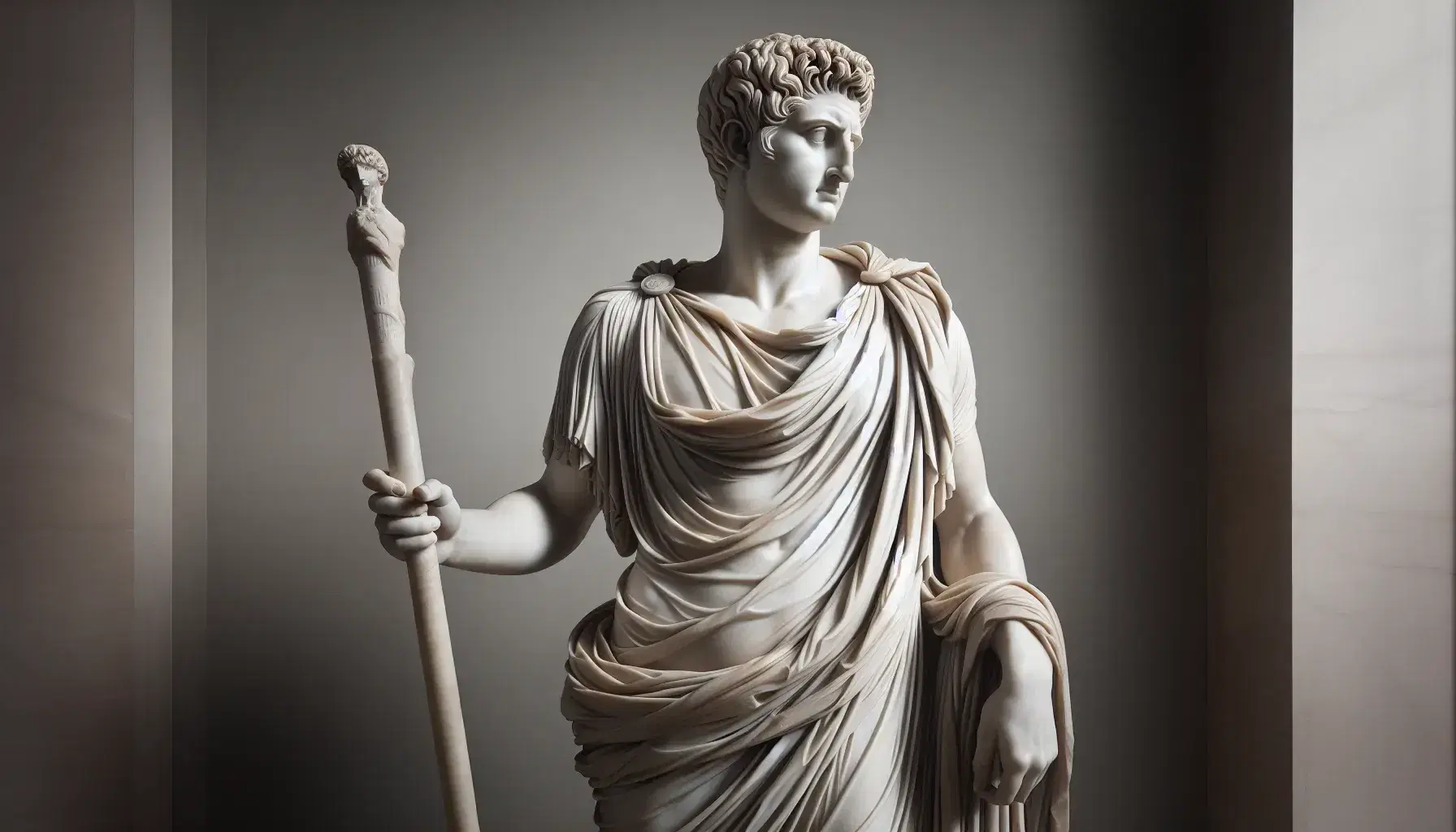 Statua in marmo bianco di figura storica romana in toga con staffa e mano alzata, espressione maestosa e dettagli finemente scolpiti.