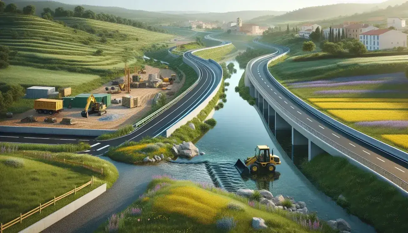 Newly constructed road with white markings meanders through Spanish countryside, flanked by a modern bridge over a stream, with parked construction equipment and new houses nearby.