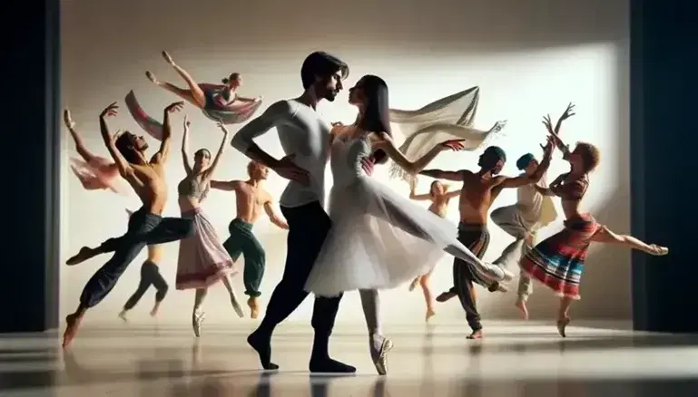 Grupo diverso de bailarines en actuación, con pareja central en paso clásico y otros en estilos variados, destacando por sus trajes coloridos y poses dinámicas.