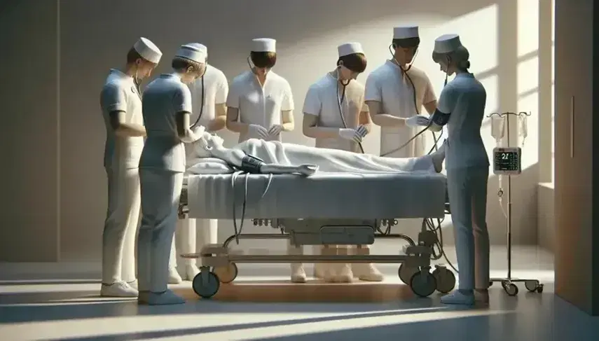 Personal de enfermería atendiendo a paciente en cama de hospital, realizando chequeo médico en ambiente profesional y tranquilo.