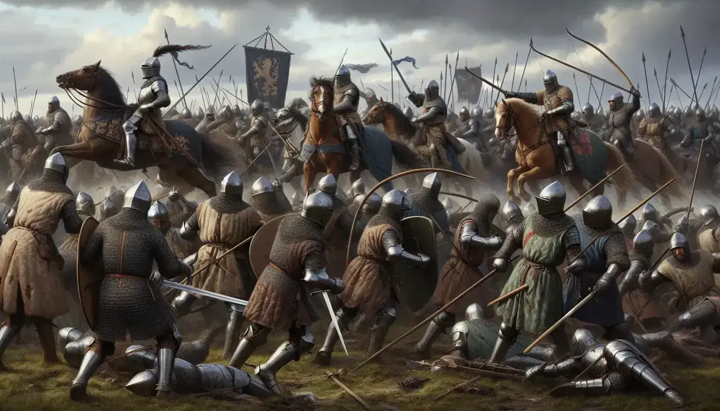 Detailed depiction of the Battle of Agincourt with knights in armor, archers with longbows, and cavalry charging across a muddy field under a cloudy sky.