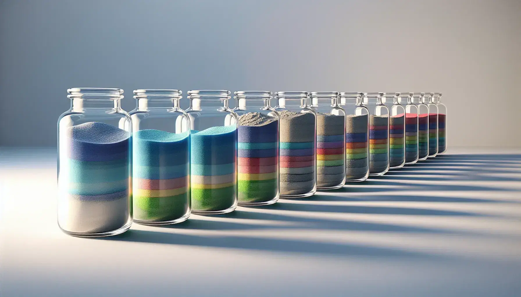Clear glass jars lined with colored sands layered in color sequence on white surface, soft shadows on the right side.