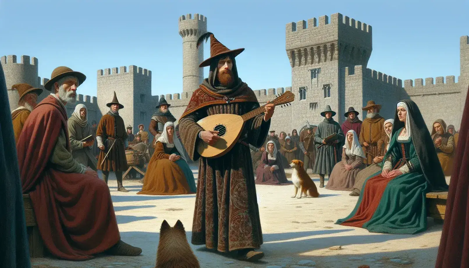 Minstrel medieval tocando laúd para un grupo de personas en atuendos de época frente a un castillo, con un perro observando y cielo despejado.