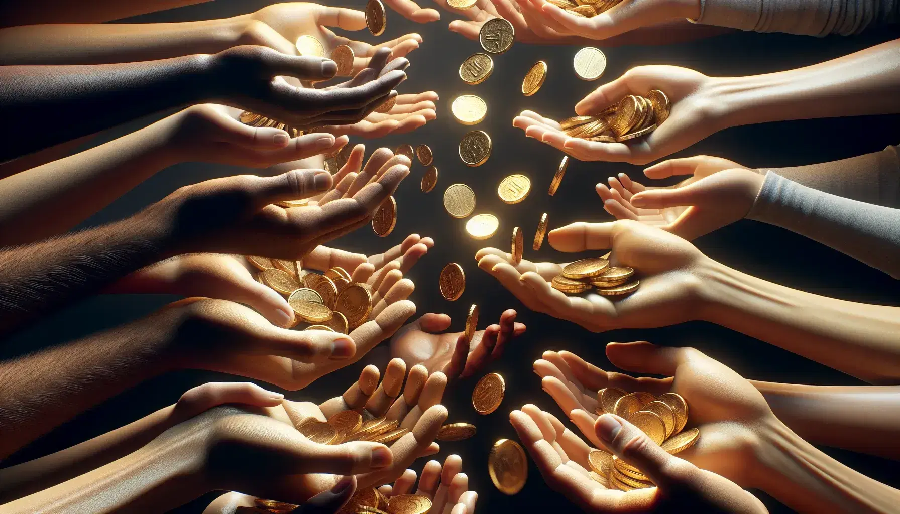 Mani di diverse tonalità di pelle scambiano monete d'oro, simboleggiando inclusività e valore in un gesto di dare e ricevere.