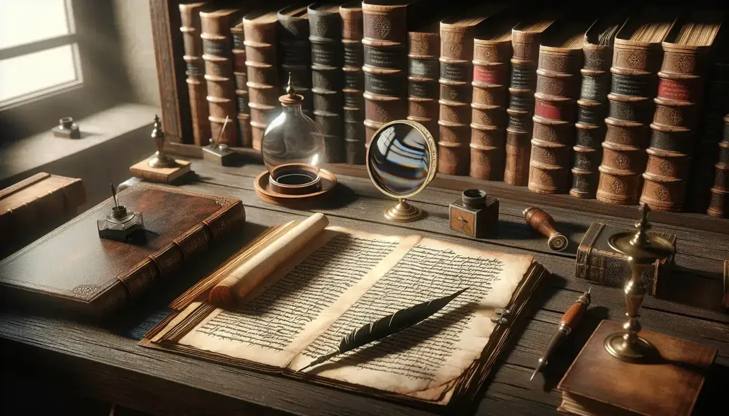 Scrivania antica in legno scuro con manoscritto aperto, calamaio con penna d'oca, lente d'ingrandimento, rotolo di pergamena e coltello da intaglio.