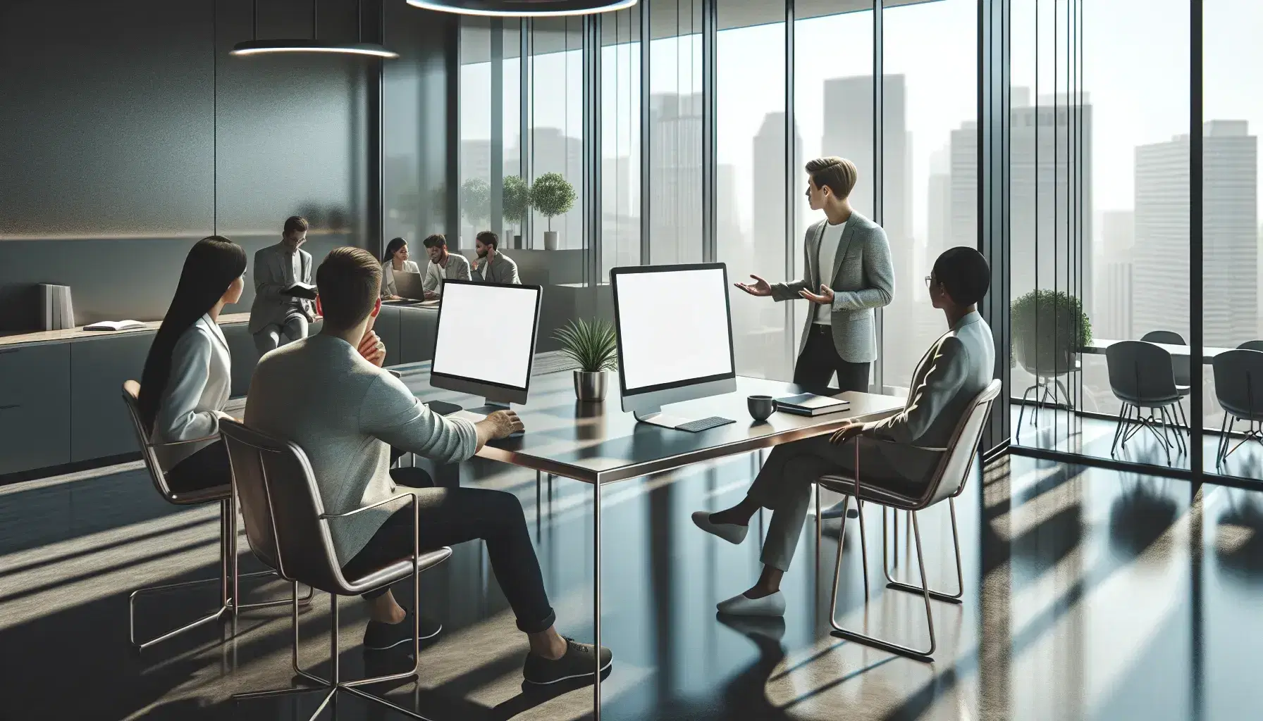 Modern office setting with professionals collaborating around a laptop, individual working at a computer with headphones, and cityscape visible through large window.