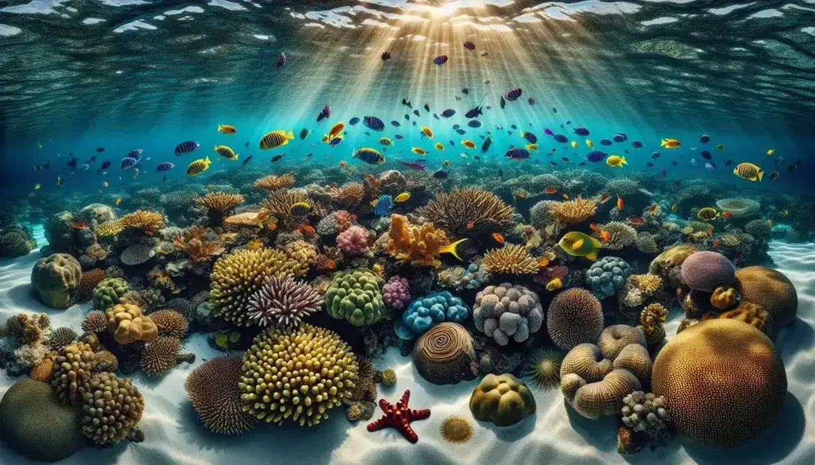 Arrecife de coral somero con corales de colores, peces tropicales, estrellas de mar rojas y moluscos en un fondo de arena blanca bajo la luz del sol.