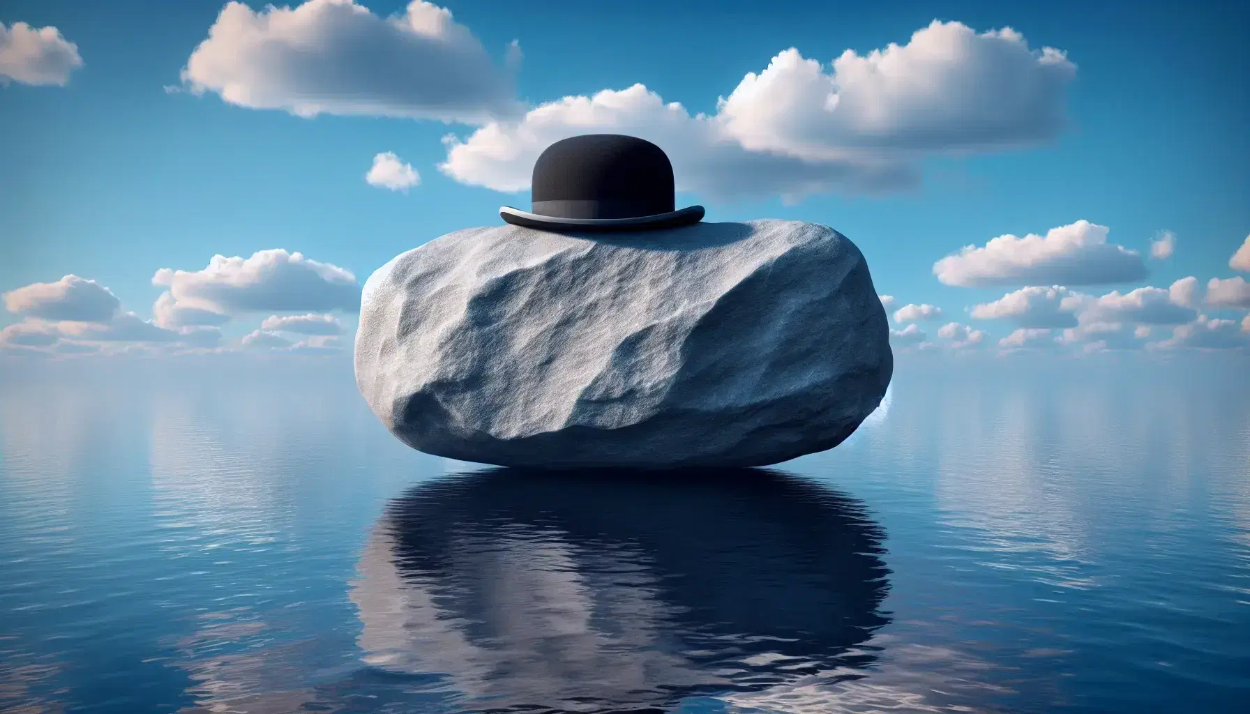 Cielo azzurro con nuvole sparse sopra mare calmo, roccia levigata grigia galleggiante con cappello meloncino nero posato sopra.