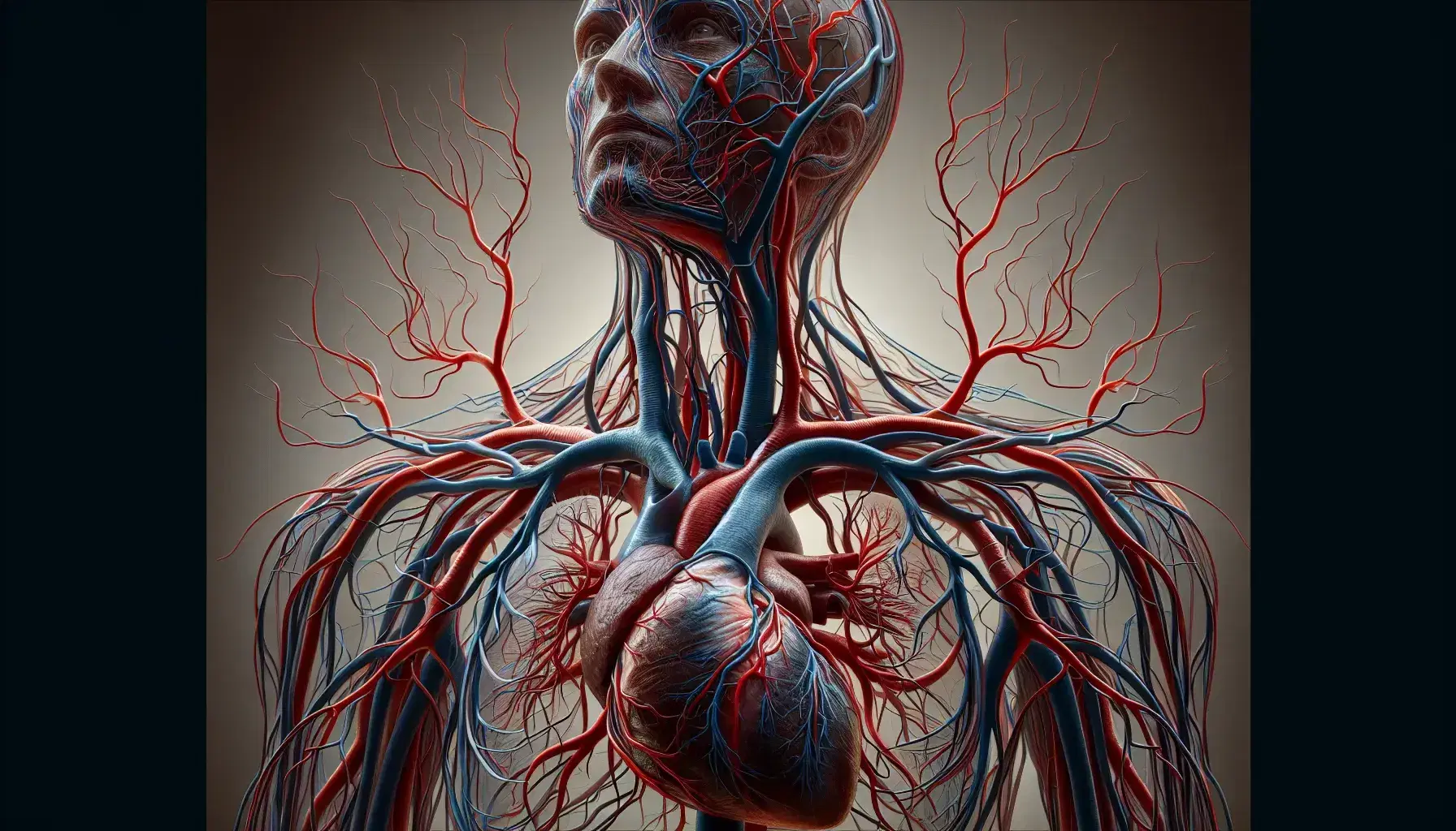 Sistema circulatorio humano detallado con corazón central y red de venas azules y arterias rojas extendiéndose hacia cabeza y extremidades.