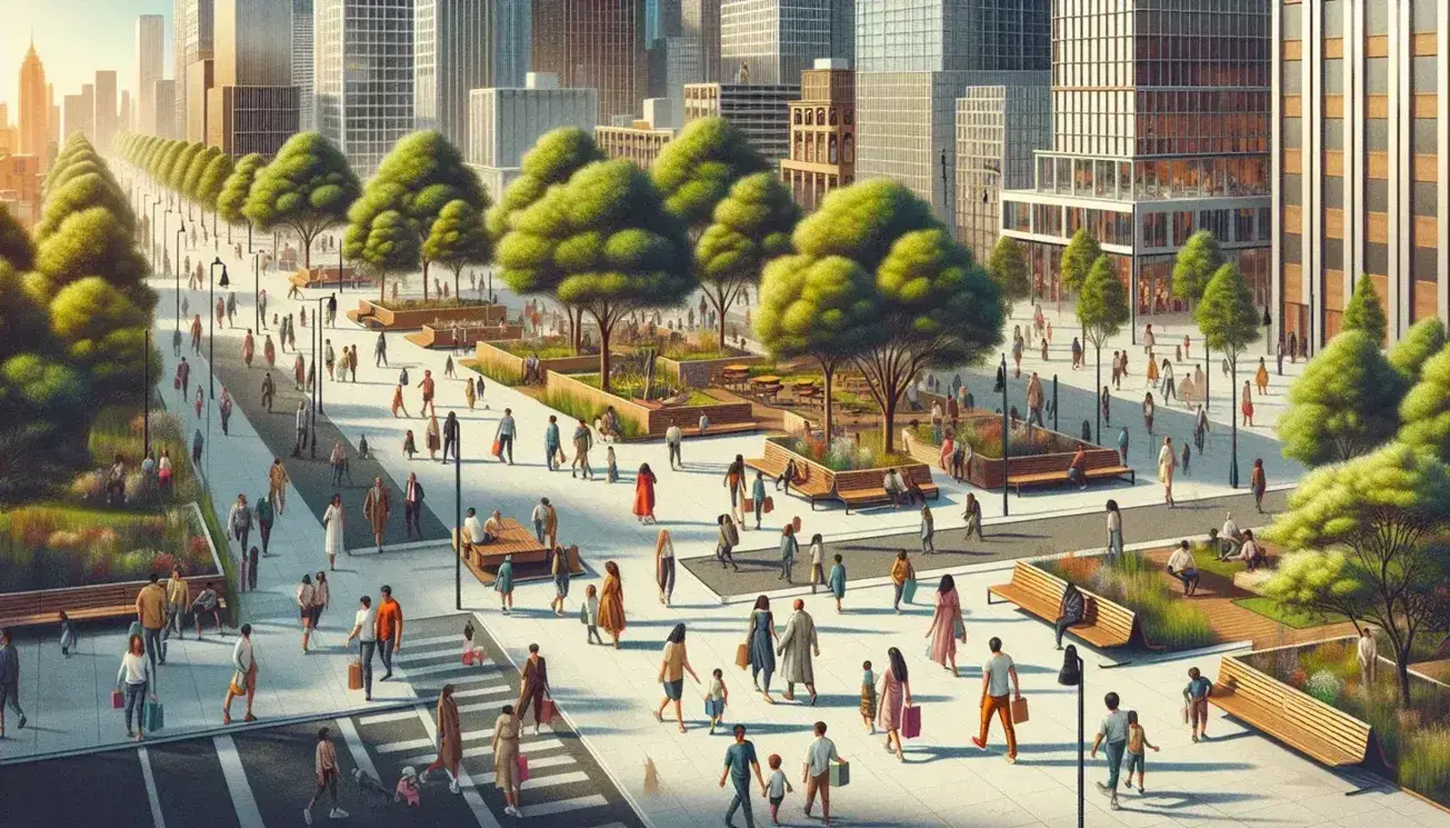 Escena urbana con personas caminando, parque con árboles y bancos, edificios de distintos estilos y tráfico fluido en día soleado.