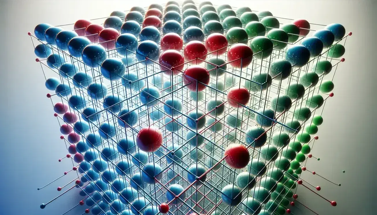 Sfere colorate rosse, blu e verdi disposte in griglia tridimensionale con riflessi su fili trasparenti su sfondo sfumato bianco-grigio.