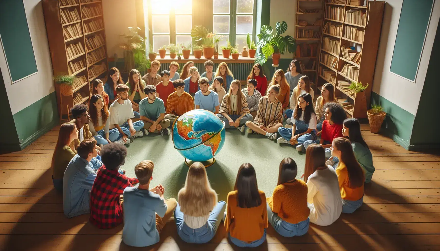 Grupo diverso de estudiantes sentados en círculo en el suelo con un globo terráqueo en el centro, en una sala iluminada con luz natural y estanterías con libros.