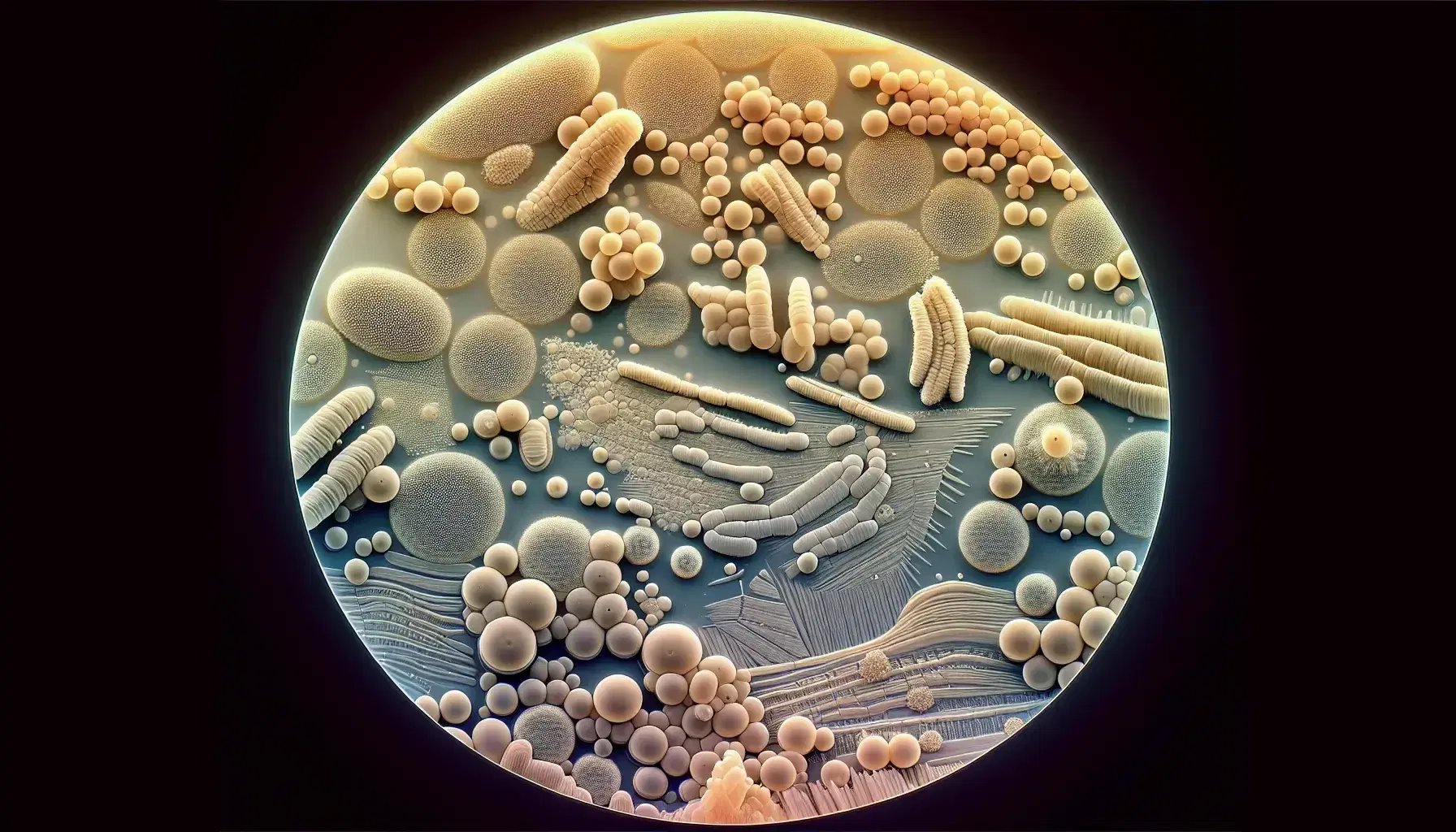 Vista microscópica de colonia bacteriana en medio de cultivo agar, con células de distintas formas y tonalidades desde blanco hasta verde pálido.