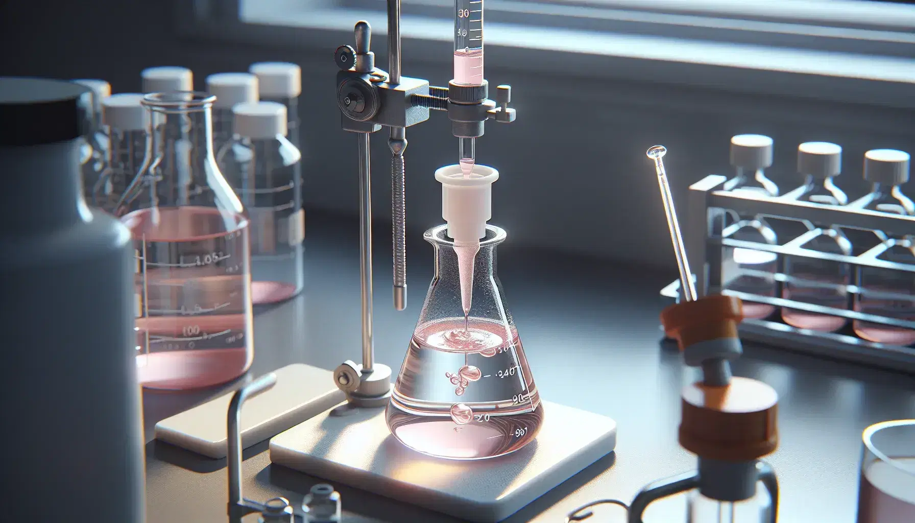 Laboratory with burette containing pink solution dripping into a flask with colorless liquid, white ceramic tile on the left and pipette with flask on the right.