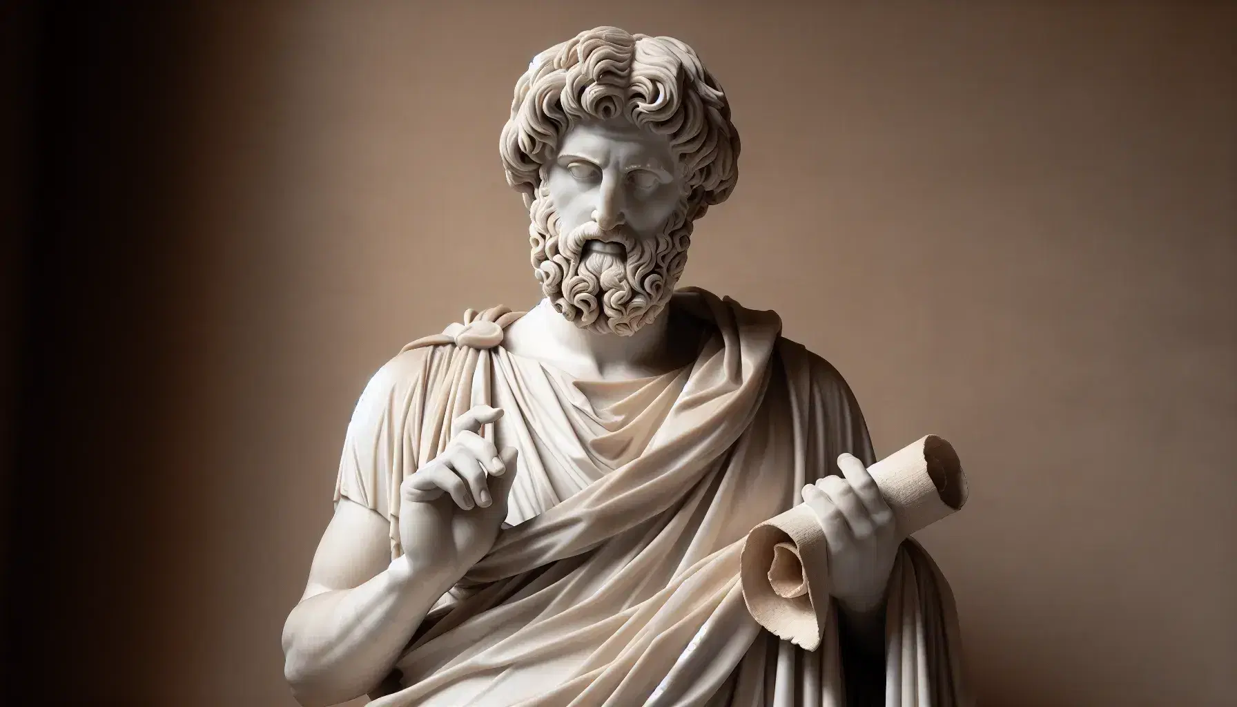Estatua de mármol blanco de filósofo griego antiguo con túnica, barba detallada y cabello rizado, sosteniendo papiro y señalando hacia arriba.