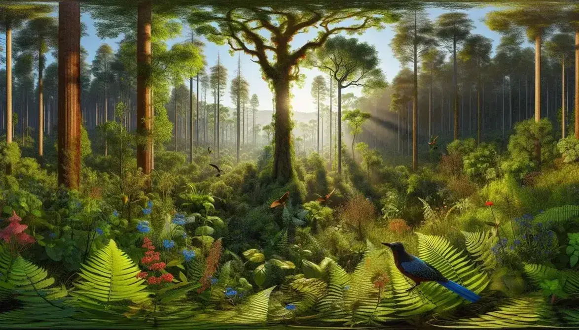 Bosque denso con árbol de tronco grueso, aves de plumaje azul y ciervo entre la vegetación variada bajo rayos de sol.