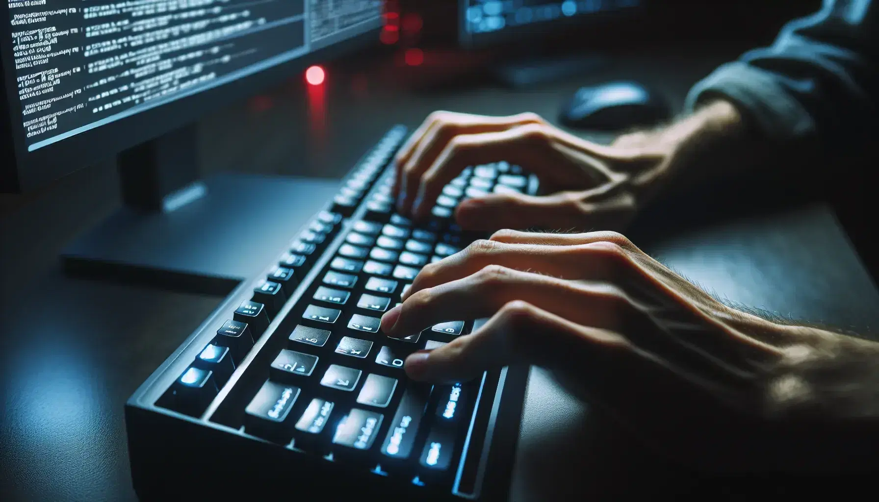 Manos tecleando en teclado de computadora con teclas negras y caracteres blancos, con monitor al fondo mostrando interfaz gráfica.