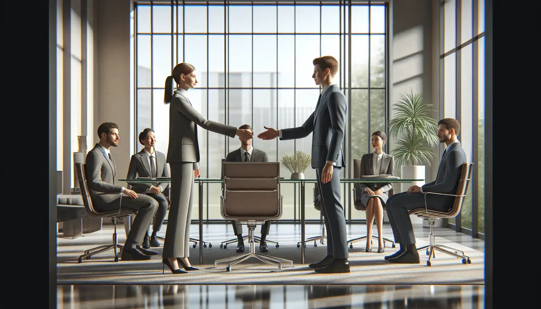 Gruppo di professionisti in abiti formali si stringe la mano in un ufficio moderno illuminato dalla luce naturale, simbolo di collaborazione.