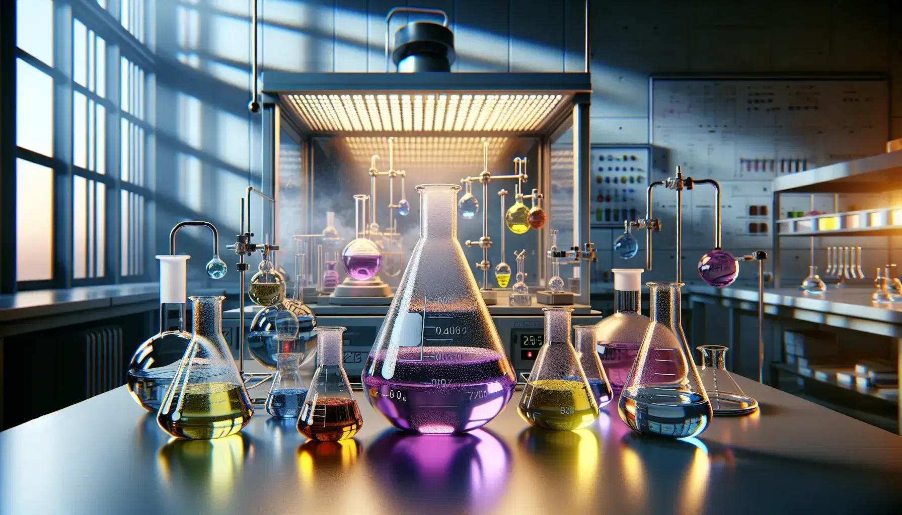 Laboratory with glass flasks containing colored solutions of halogens: purple iodine, yellow chlorine, light brown bromine and colorless fluorine.