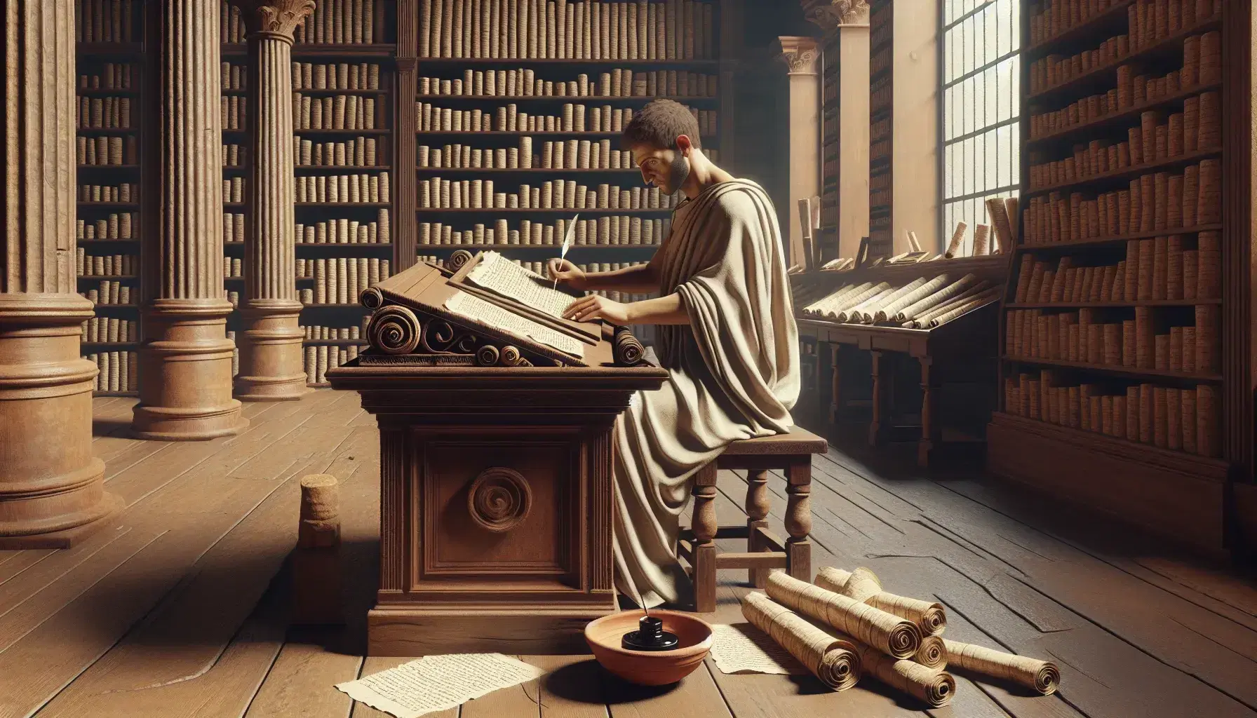 Uomo in toga scrive su papiro in antica biblioteca romana, con scrivania, rotoli, inchiostro e libreria sullo sfondo illuminati da luce naturale.