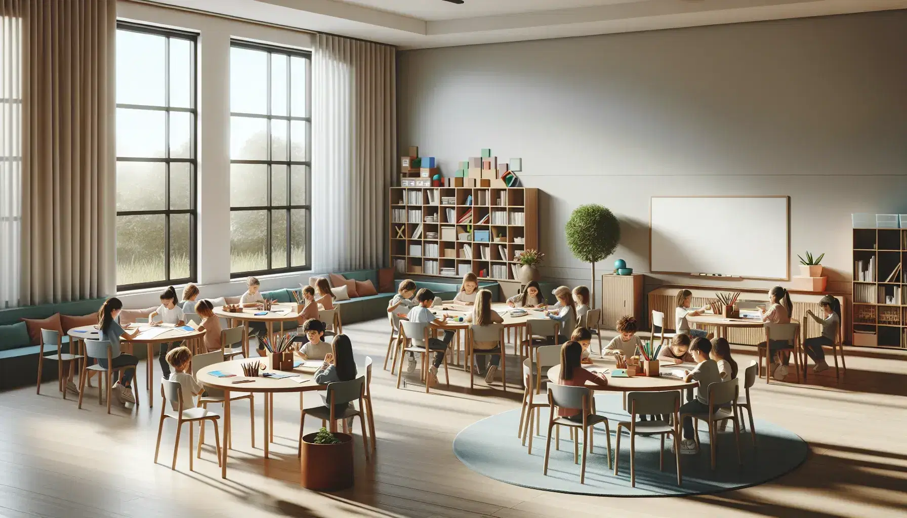 Aula espaciosa con estudiantes colaborando alrededor de una mesa redonda, luz natural, pizarra blanca, estantería con libros y planta verde.