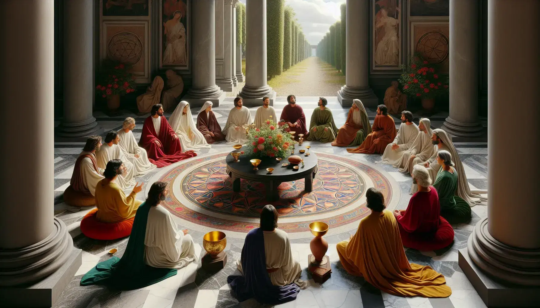 Gruppo di persone sedute in cerchio su cuscini di velluto colorati, con tavolino centrale contenente coppa dorata, vaso terracotta e fiori freschi.