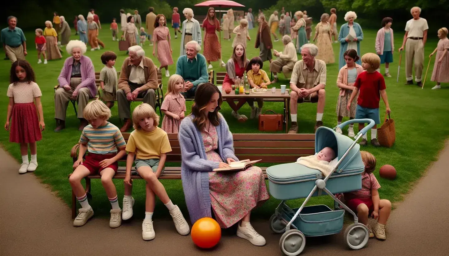 Parco pubblico con persone di diverse età, bambini che giocano con pallone arancione, donna con libro accanto a passeggino, anziani che camminano e adulti seduti su panchine.