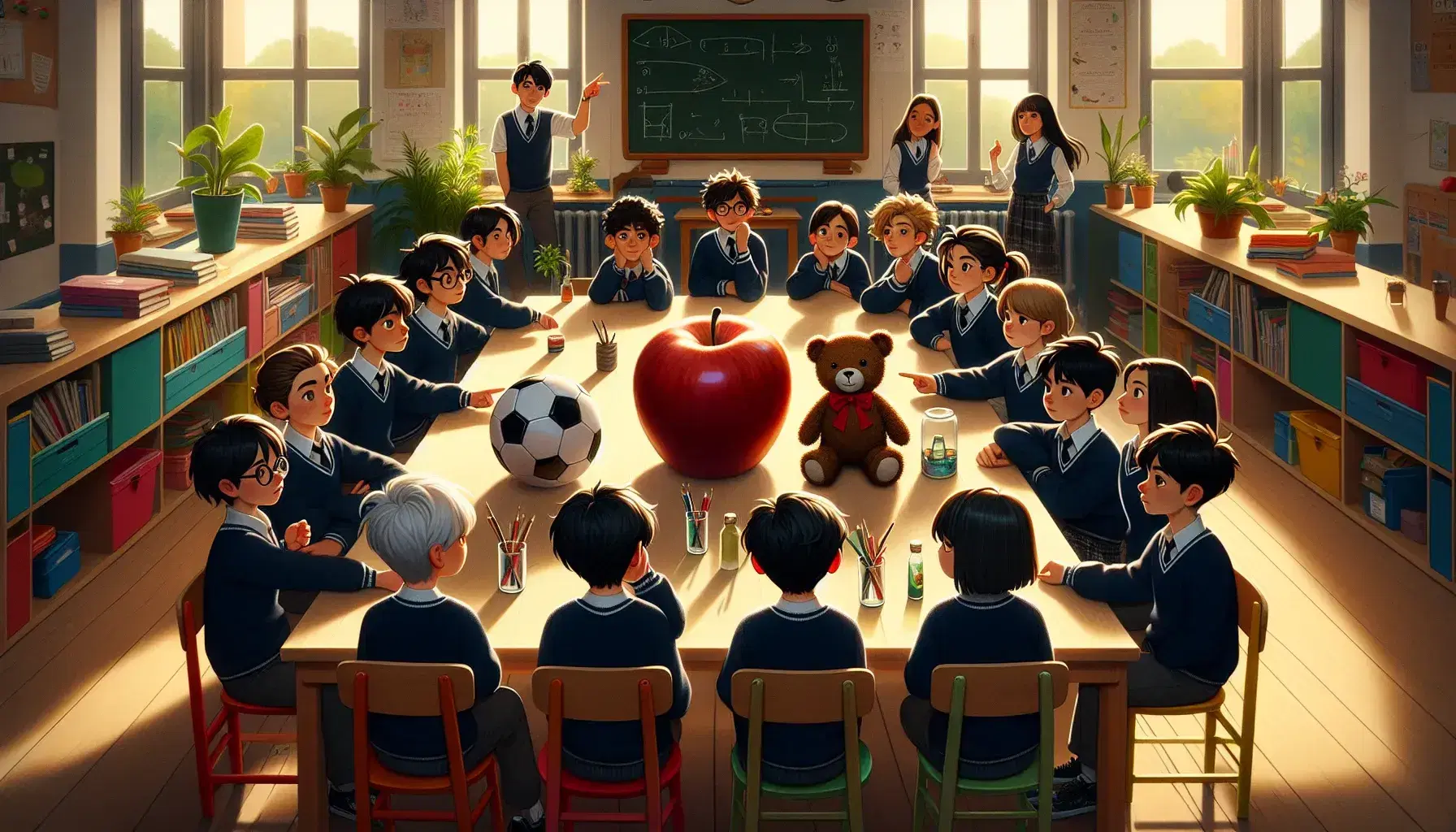 Scena interattiva in aula con studenti in uniforme che discutono oggetti su tavolo, tra cui mela, pallone e orsacchiotto.