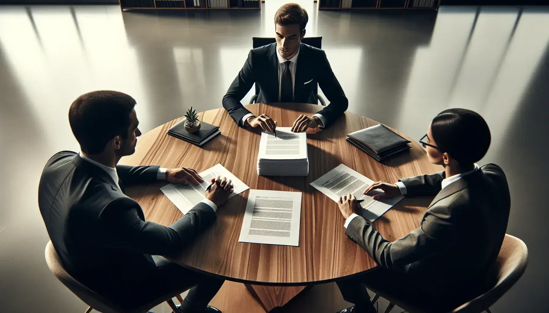 Three professionals engaged in document review at a round table under a pendant light in a modern office setting.