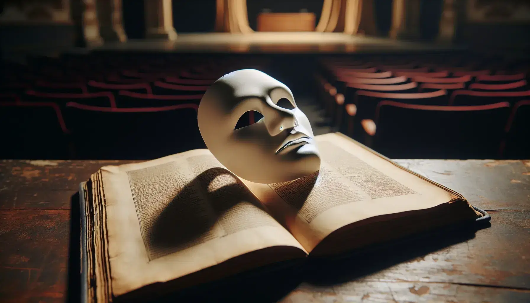 Maschera teatrale bianca su manoscritto antico aperto con scrittura ingiallita, sfondo sfocato di palcoscenico e sedie vuote.