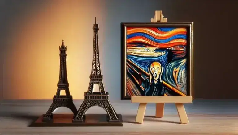 Miniatura della Torre Eiffel, riproduzione de "L'Urlo" di Munch su cavalletto e statuetta ispirata a "Le Déjeuner sur l'herbe" di Manet.