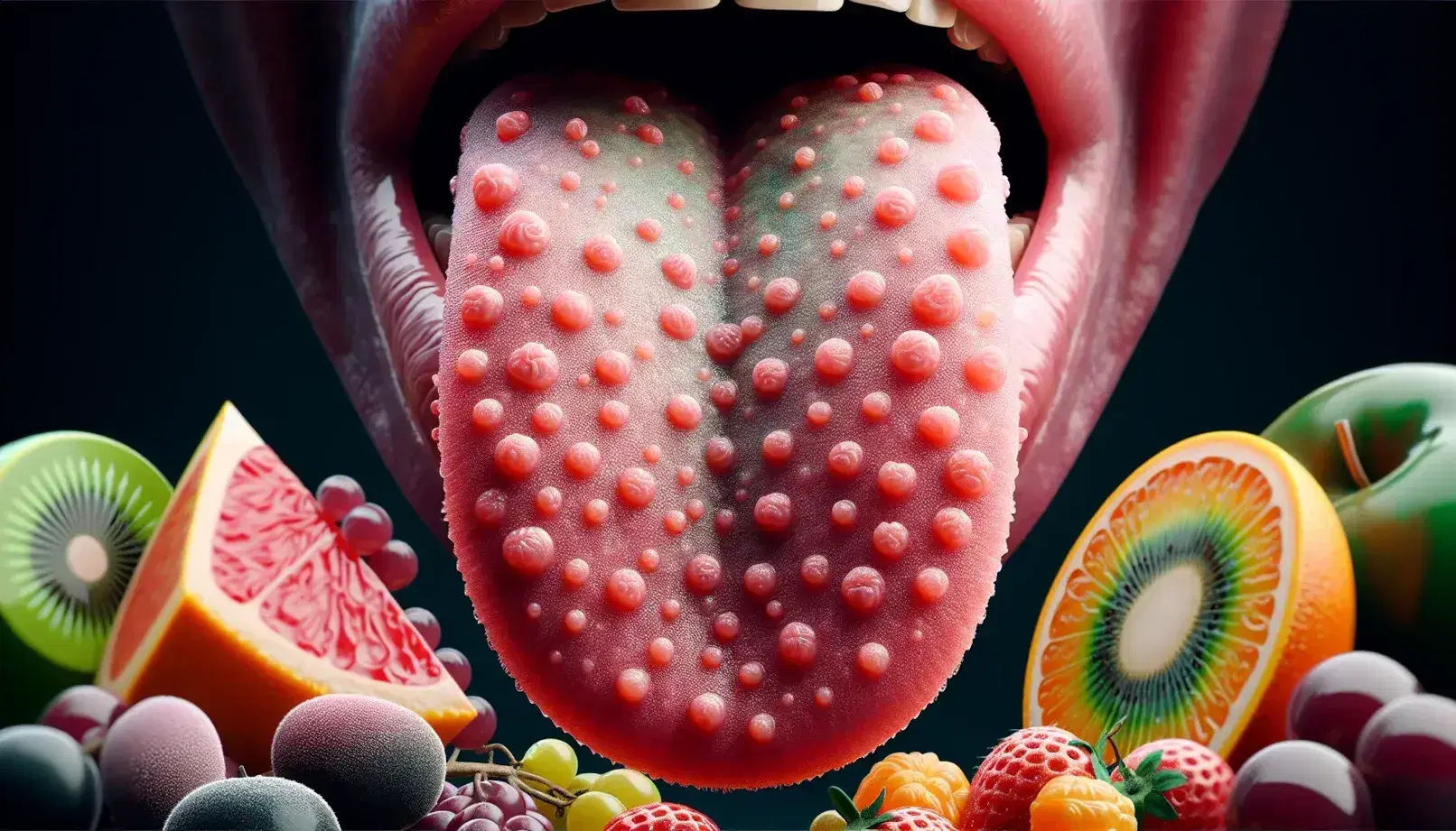 Close-up of a pink human tongue with papillae, surrounded by colorful fruits such as strawberries, mandarins, kiwis and grapes.