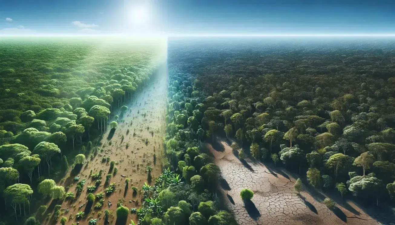 Paesaggio diviso orizzontalmente tra foresta verde rigogliosa e terreno arido con crepe, simbolo di contrasto ecologico.