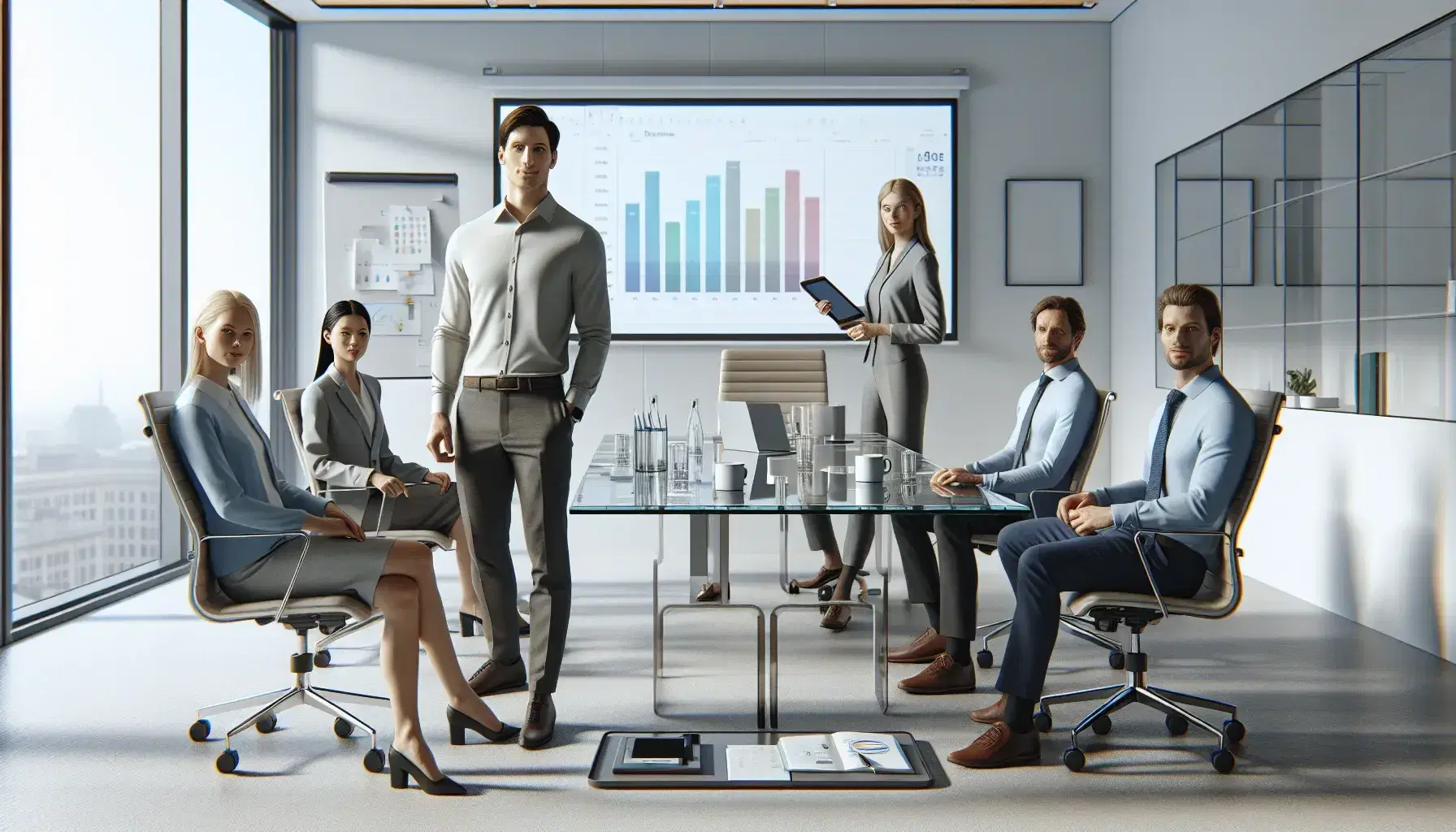 Grupo de cinco profesionales en reunión de trabajo, con uno de pie liderando y otros cuatro sentados alrededor de una mesa de vidrio con portátil y notas.