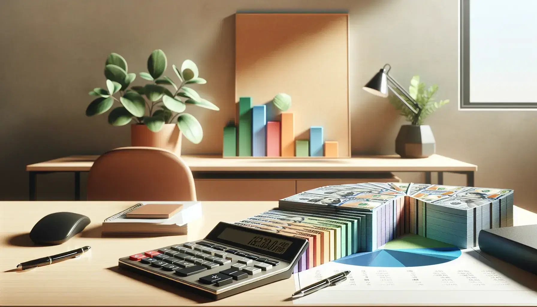 Escritorio de oficina con calculadora moderna, billetes de distintas denominaciones y gráfico de pastel tridimensional, planta interior al fondo.