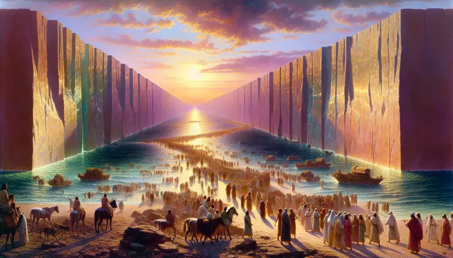 Rappresentazione artistica del passaggio del Mar Rosso con mura d'acqua, persone e animali in cammino, e un carro egizio rovesciato.