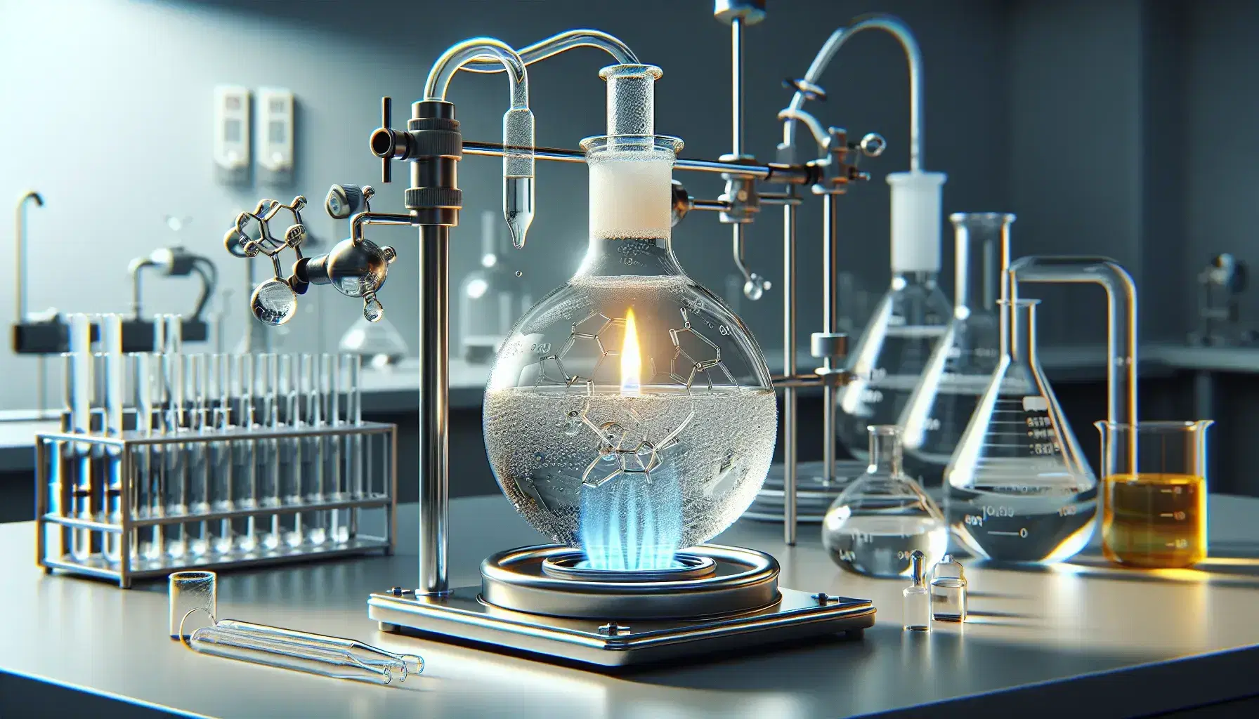 Laboratory apparatus for chemical reaction with flask on metal stand, blue Bunsen flame and reflux condenser with pale yellow liquid.