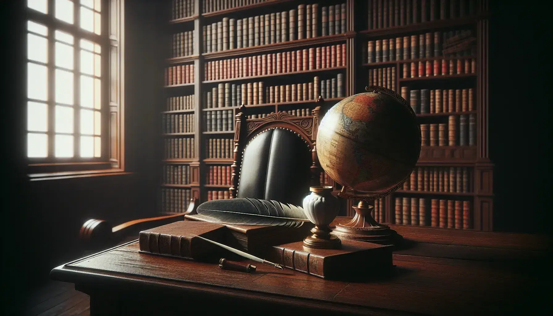 Biblioteca antigua con estanterías de madera oscura llenas de libros, mesa con globo terráqueo sepia y pluma al lado de tintero de porcelana, silla de cuero y luz cálida.