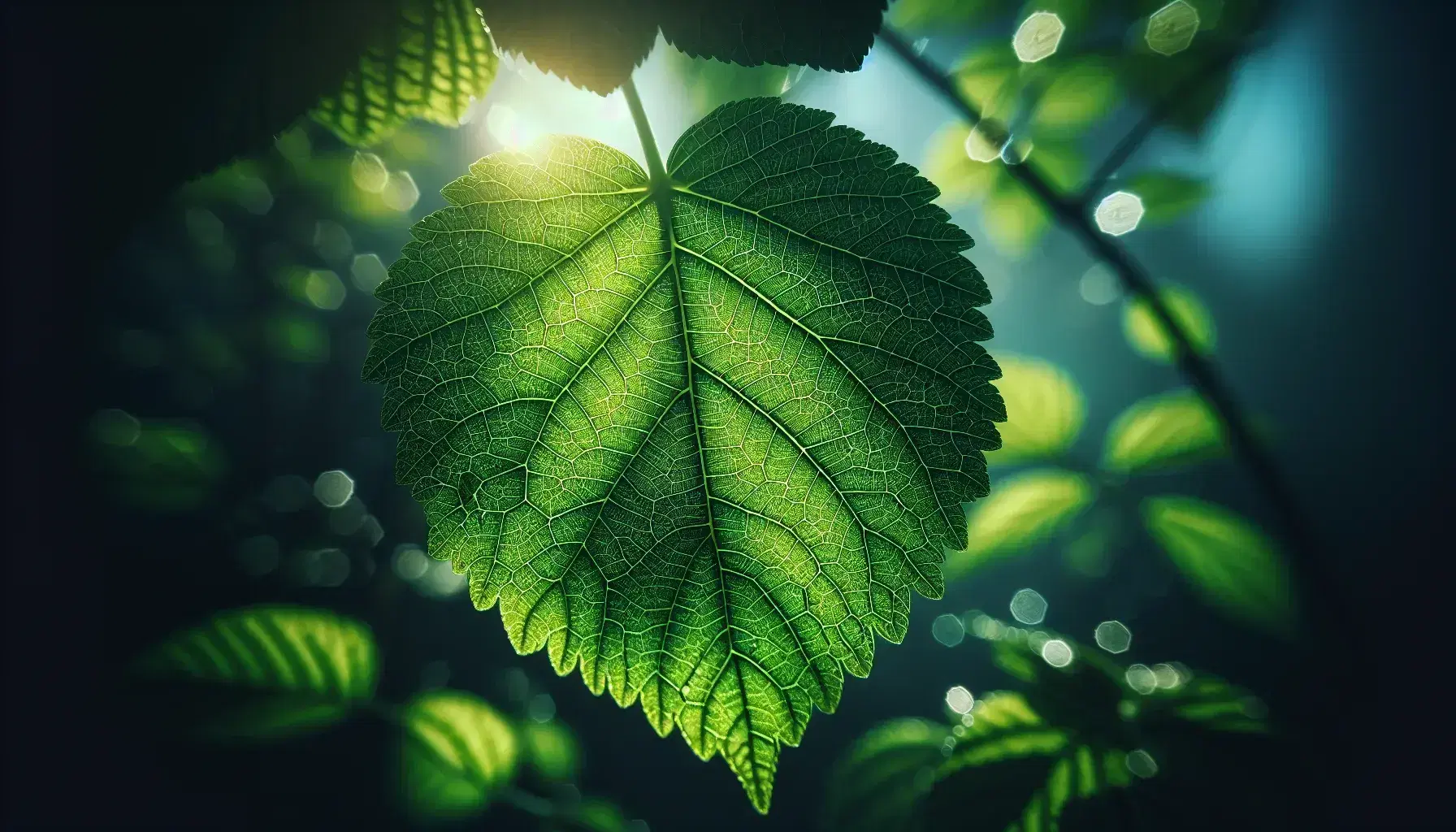 Sunlit green leaf with a detailed vein network and water droplets, set against a soft-focus background of foliage and hints of blue sky.