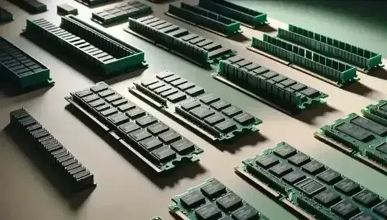 Moduli RAM DIMM disposti in fila su superficie neutra evidenziando diverse capacità di memoria senza scritte visibili.