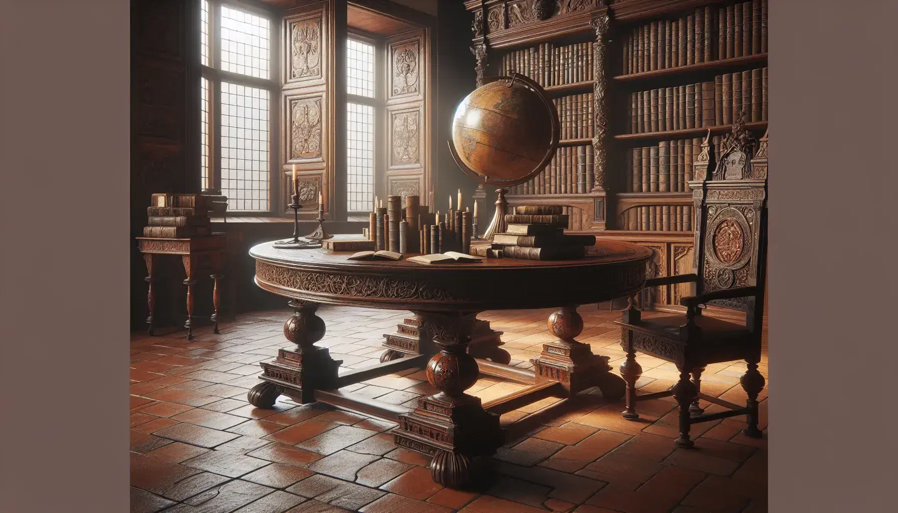 Estudio renacentista con mesa de madera oscura, globo terráqueo antiguo, libros encuadernados en cuero, silla ornamentada y estantería repleta de libros bajo luz natural.