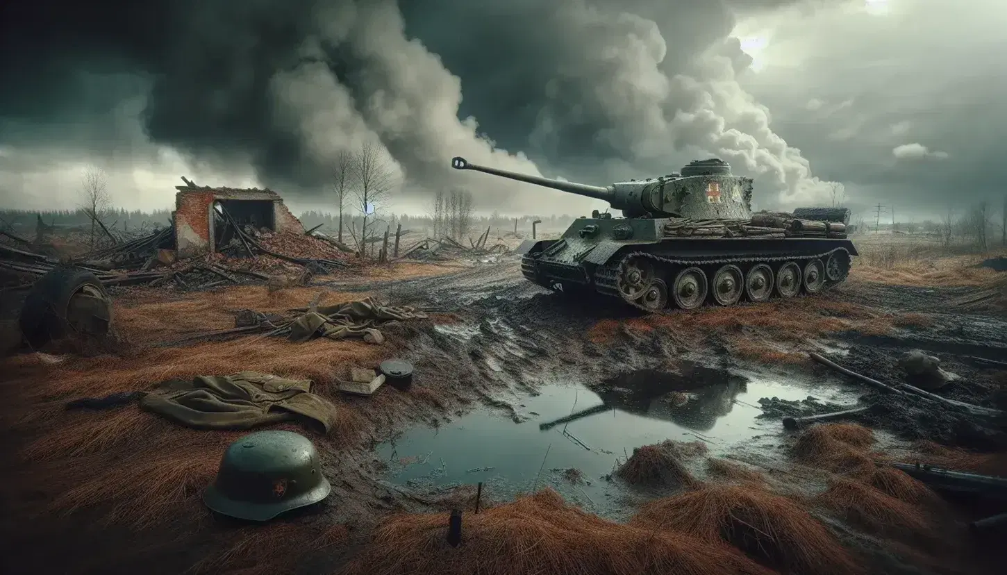Carro armato della seconda guerra mondiale fermo su terreno dissestato con cielo nuvoloso e resti di edificio in lontananza.