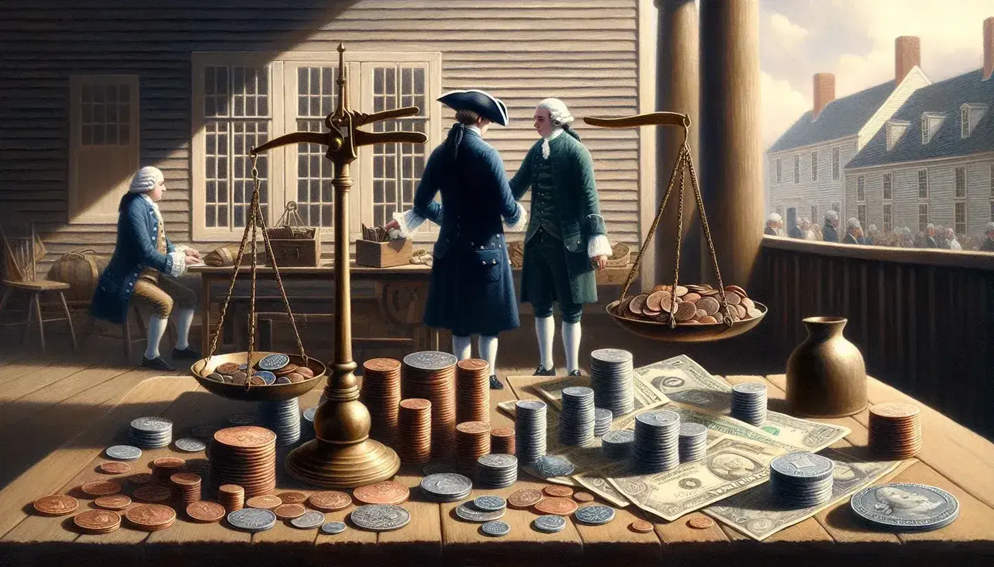 Late 18th century scene with wooden table, vintage coins and banknotes, two people transacting and scales with brass weights.