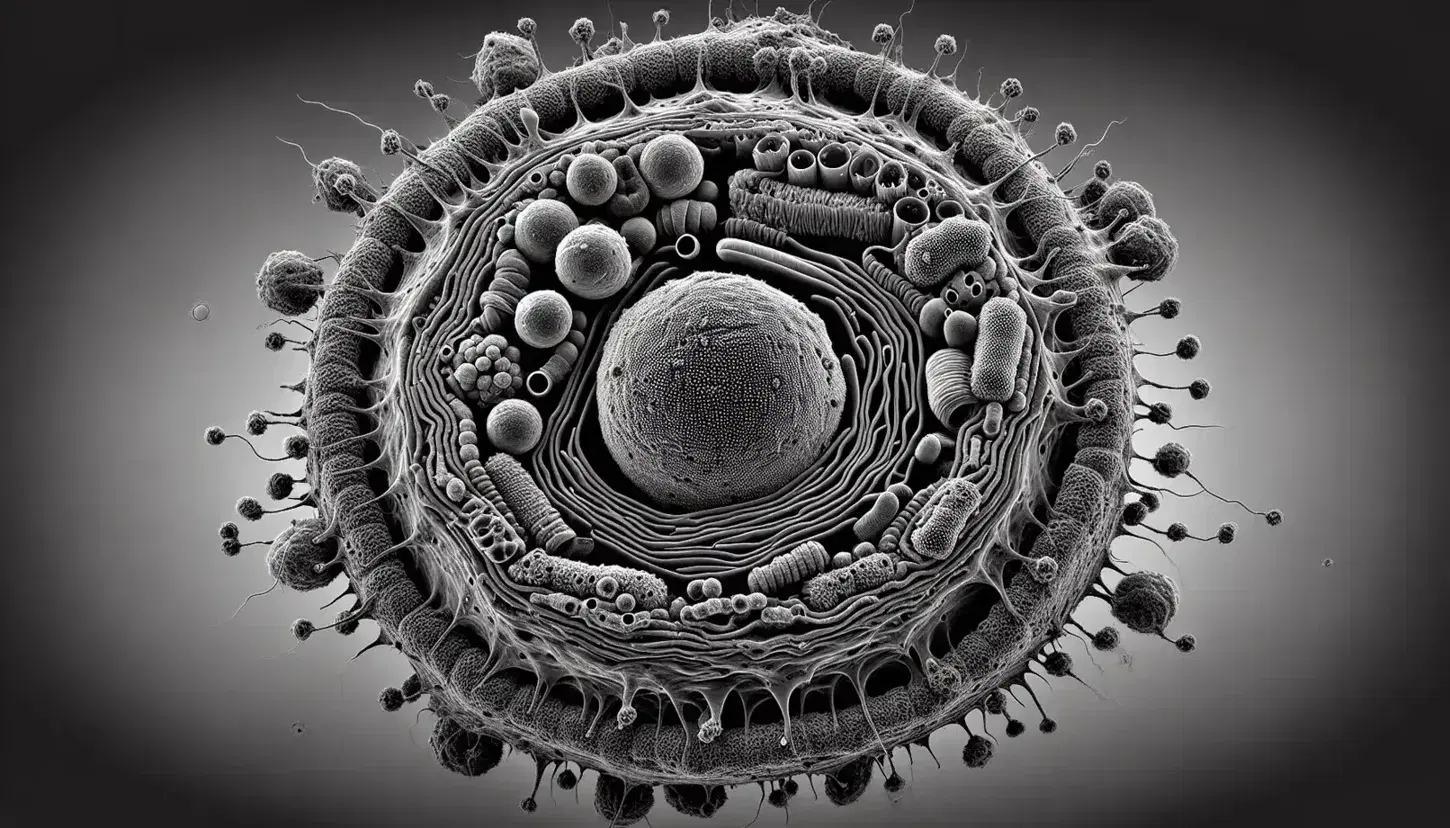 Micrografía electrónica de alta resolución de célula eucariota con núcleo, membrana celular, mitocondrias, retículo endoplásmico y componentes del citoesqueleto visibles.