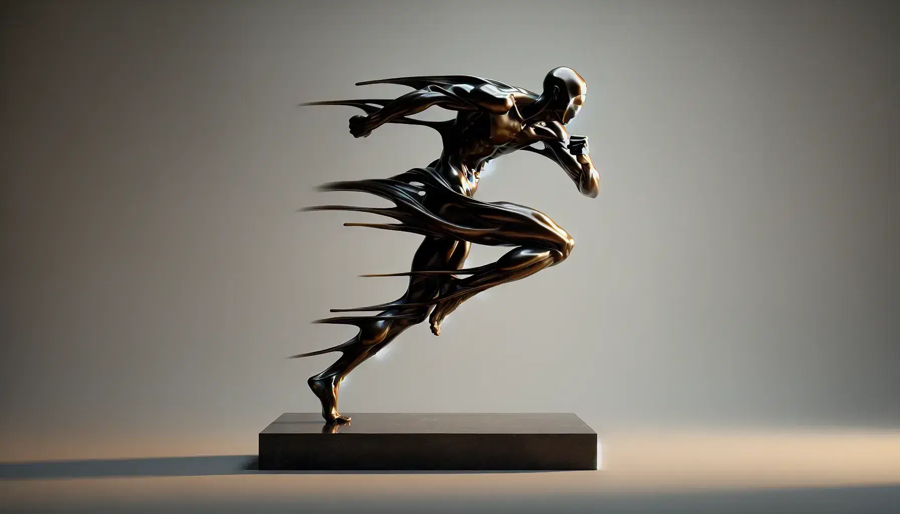 Scultura in bronzo astratta di figura umana in movimento dinamico su sfondo neutro, con riflessi dorati e ombre morbide.